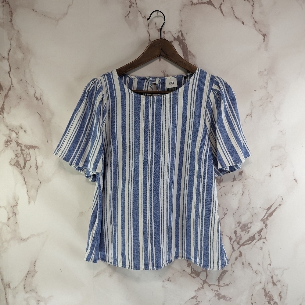 Cabi Top Womens Small 5343 Wing Blue White Striped Linen Crop Flutter Keyhole